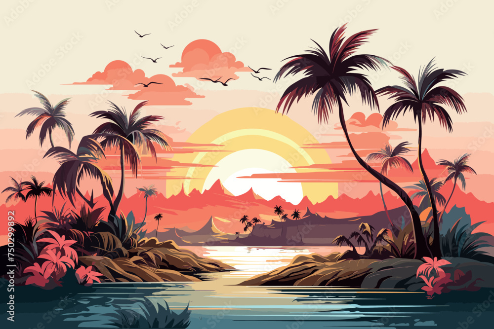 A small island in the sea with coconut trees at sunset. Illustration of sunset.