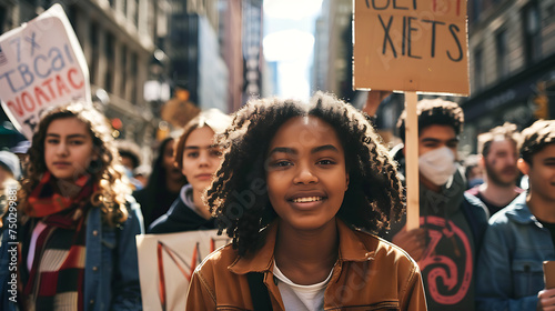 Manifestação apaixonada jovens ativistas expressam suas vozes em protesto urbano com multidão ao fundo photo