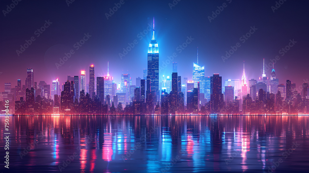 Line art - cityscape - skyline - neon lights - bright lights - water - coastal - bay - inlet - harbor - office buildings - skyscrapers - architecture 