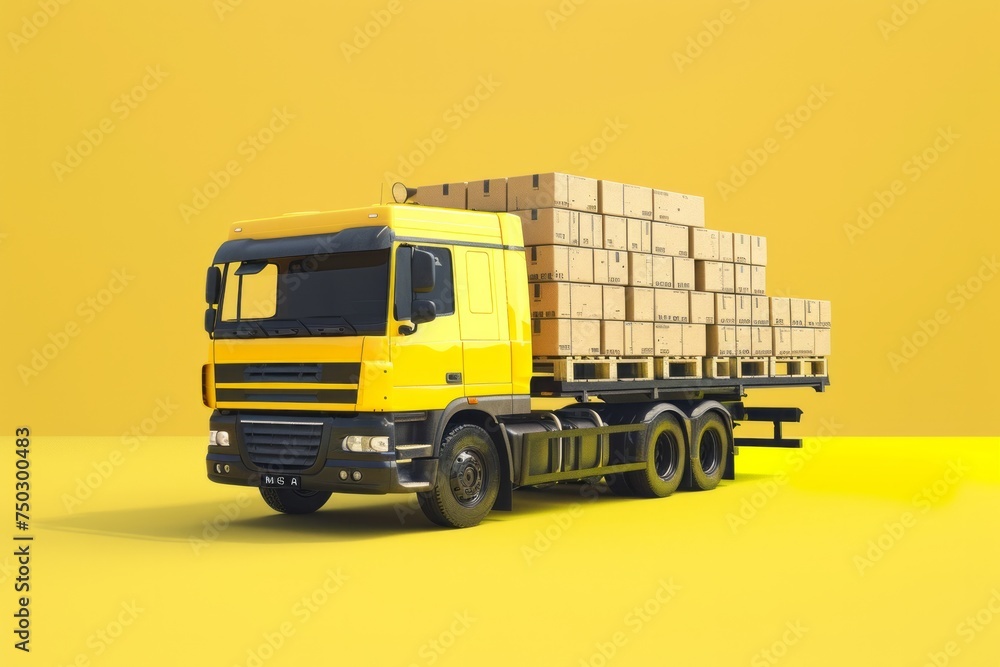 Truck Carrying Shipment of Goods, on isolated yellow background, Generative AI Truck Carrying Shipment of Goods, on isolated yellow background, Generative AI