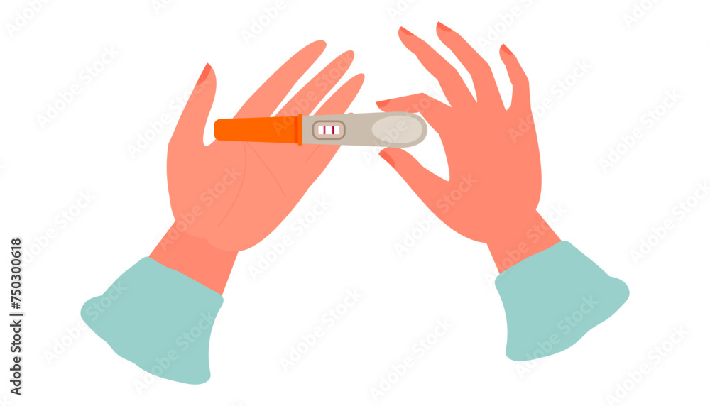 Fototapeta premium Woman holding pregnancy test in her hands. Positive pregnancy test result. Pregnancy test used to detect the presence of human chorionic gonadotropin (hCG). Cartoon vector illustration.