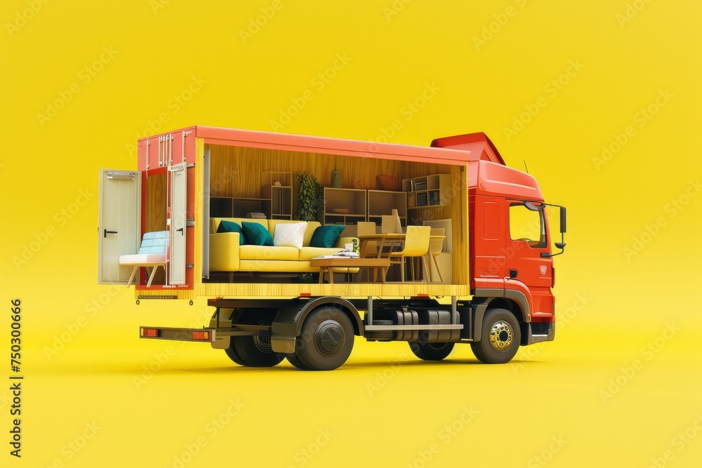 Truck Transporting Furniture, on isolated yellow background, Generative AI