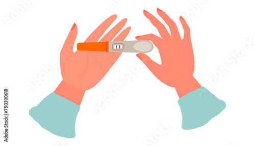 Woman holding pregnancy test in her hands. Positive pregnancy test result. Pregnancy test used to detect the presence of human chorionic gonadotropin (hCG). Cartoon vector illustration.