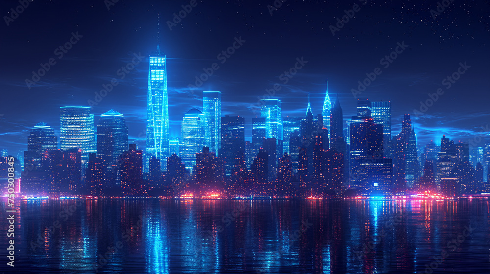 Line art - cityscape - skyline - neon lights - bright lights - water - coastal - bay - inlet - harbor - office buildings - skyscrapers - architecture 
