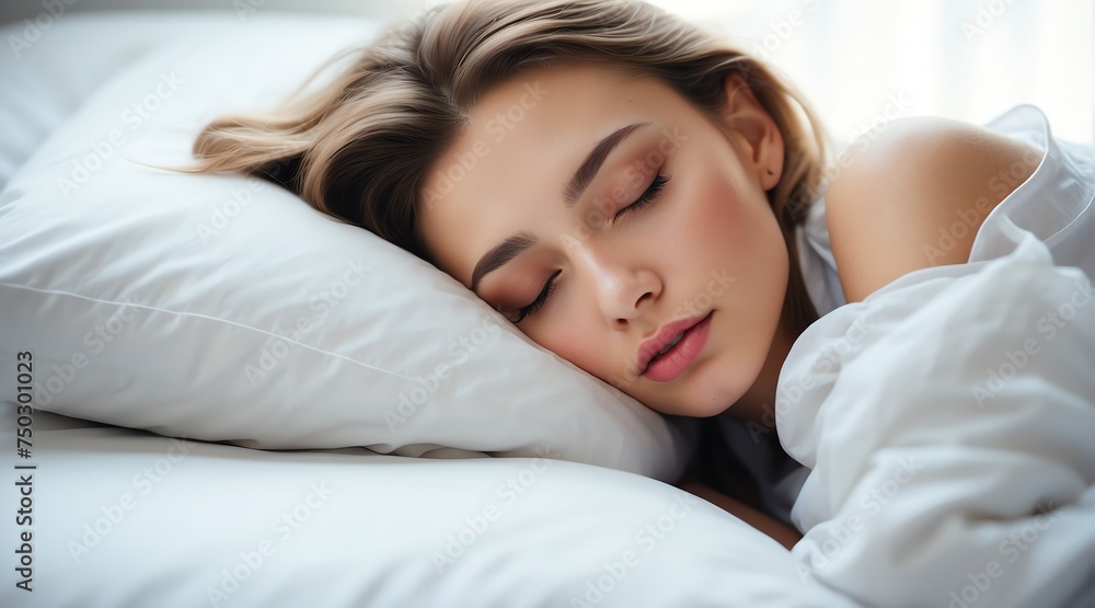 Sleeping beautiful attractive model caucasian young woman on bed from Generative AI Sleeping beautiful attractive model caucasian young woman on bed from Generative AI