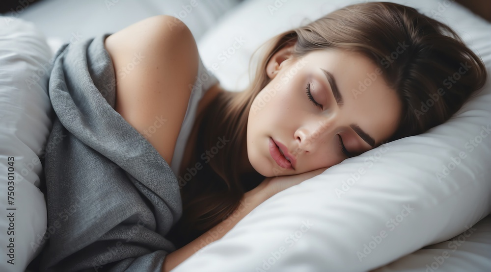 Sleeping beautiful attractive model french young woman on bed from Generative AI Sleeping beautiful attractive model french young woman on bed from Generative AI