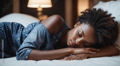 Sleeping beautiful attractive model black african young woman on bed from Generative AI