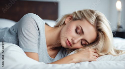 Sleeping beautiful attractive model blonde young woman on bed from Generative AI