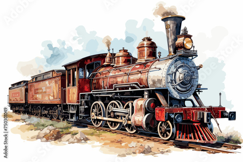 Classic vintage train in watercolor illustration