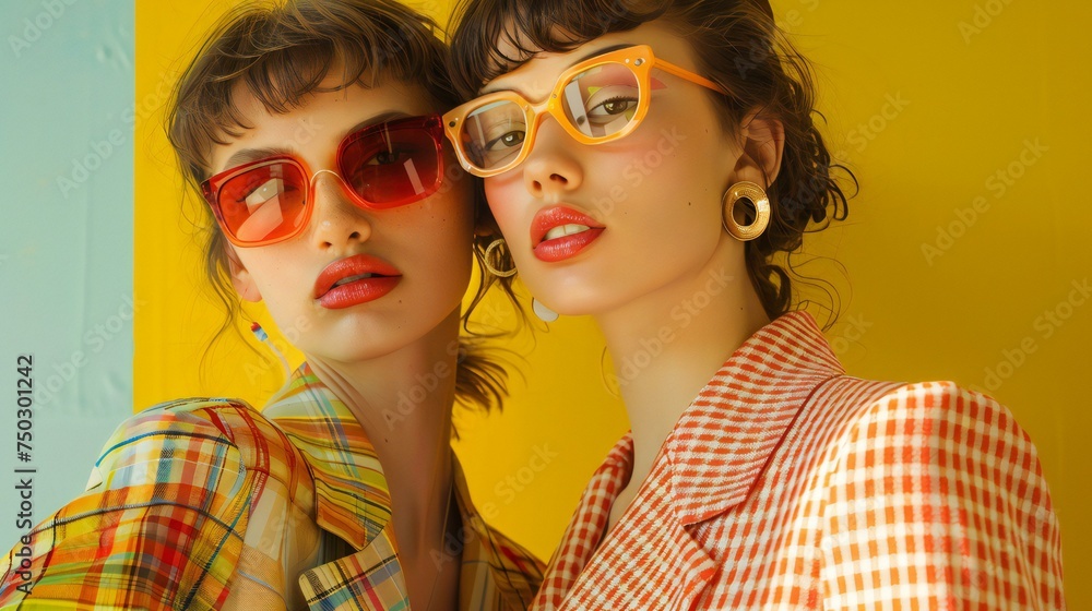 Obraz premium Two women wearing glasses and red lipstick pose for a photo