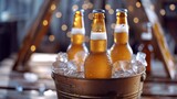 Frosty condensation clings to beer bottles nestled in a bucket overflowing with ice. Resting on a weathered wooden table, the scene promises a refreshing escape from the summer heat