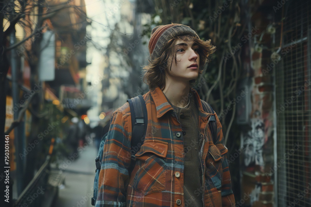 A young man wearing a plaid jacket and a red hat walks down a city street A young man wearing a plaid jacket and a red hat walks down a city street