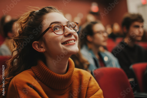 A woman wearing glasses sits in the audience of a theater, watching a performance attentively. photo