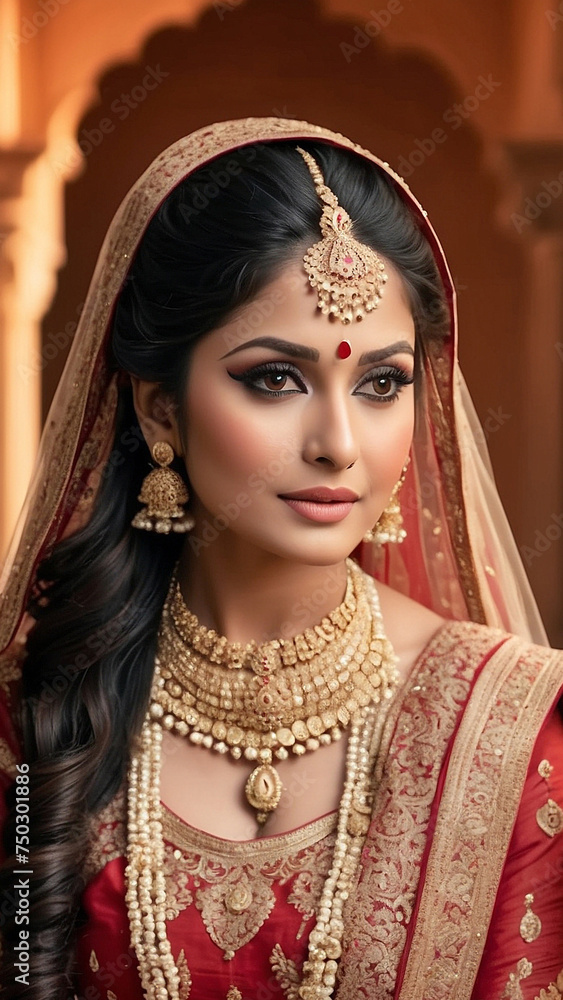 Enchanting Portrait of an Indian Bride in Red Lehenga and Opulent Jewelry, Generative AI. Enchanting Portrait of an Indian Bride in Red Lehenga and Opulent Jewelry, Generative AI.