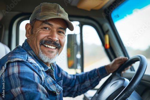 A man with a smile on his face is driving a truck, holding onto the steering wheel as he navigates the road ahead.