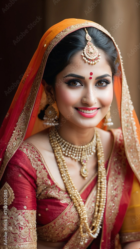 Enchanting Portrait of an Indian Bride in Red Lehenga and Opulent Jewelry, Generative AI. Enchanting Portrait of an Indian Bride in Red Lehenga and Opulent Jewelry, Generative AI.