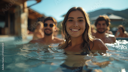 Friends hanging out at a mountain house swimming pool - hot tub - amazing views - party - summer vacation - resort - getaway - holiday - escape 