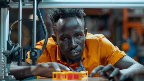 Close shot of a young African man examining 3D printer output in his lab room with a big space for text or product, Generative AI.
