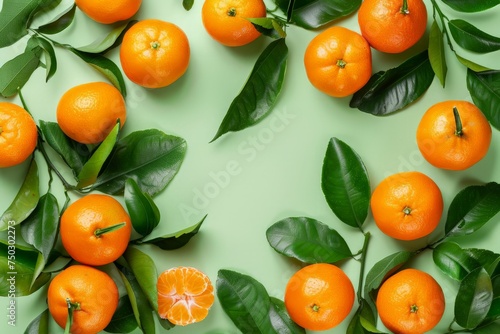 Flat lay photo of fresh ripe tangerines and leaves on light green background.
