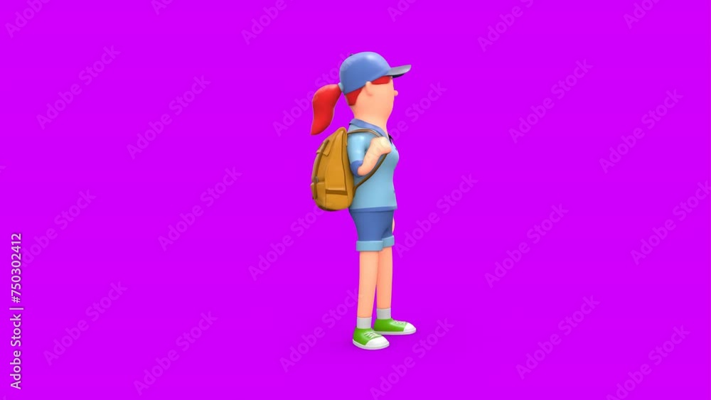 3D Rendered Animated Scene Of White Young Woman Standing Carrying Backpack Looking Around With Enthusiasm. 3D Rendered Animated Scene Of White Young Woman Standing Carrying Backpack Looking Around With Enthusiasm.