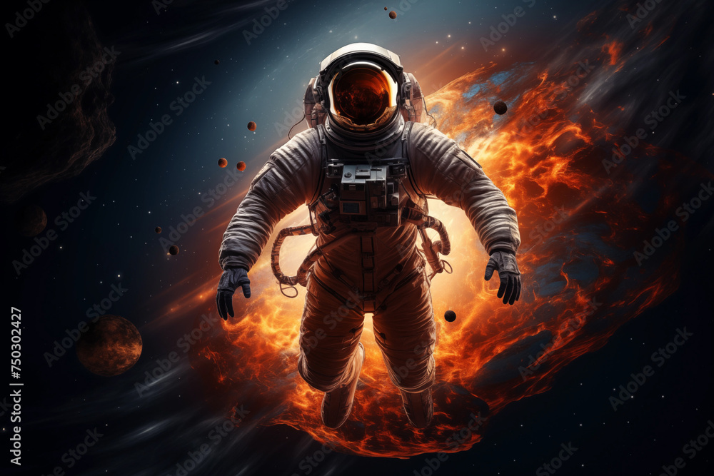 Astronaut space suit performing extra cosmic activity space against stars and planets background.