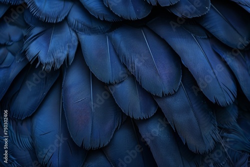 Detailed close up of the vibrant blue feathers of a bird, showcasing intricate patterns and textures.