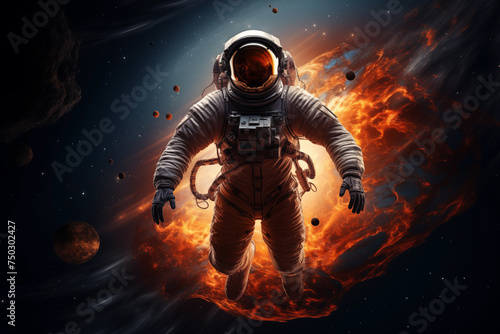 Astronaut space suit performing extra cosmic activity space against stars and planets background. © IMAGINE AI