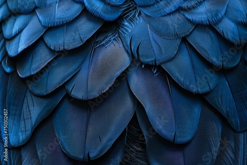 This close-up shot showcases the intricate details and vibrant shades of blue in a birds feathers, revealing the beauty and complexity of natures design.