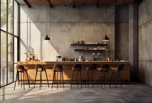 modern coffee shop with raw concrete wall. cement floor. bar counter with stools.