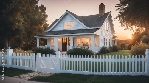 Cottage house with white picket fence at sunset from Generative AI photo