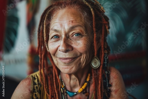 A woman with dreadlocks is smiling happily in the picture.
