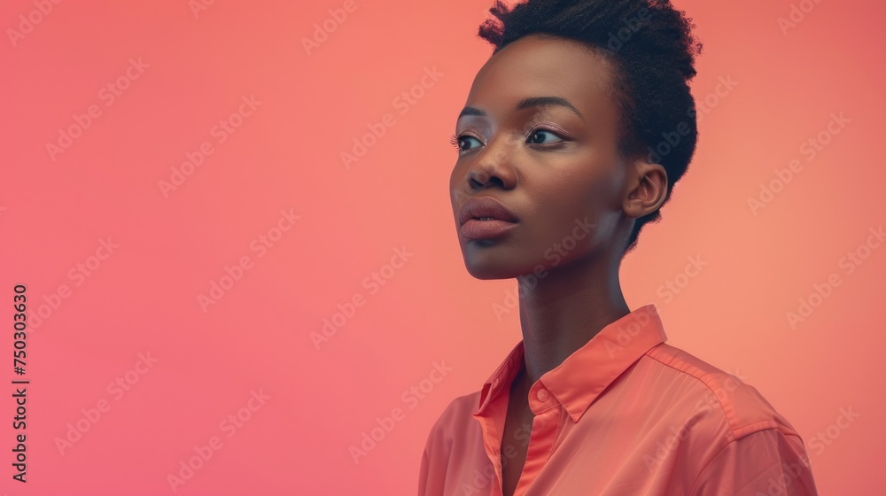 A poised African woman gazes into the distance, her thoughts unreadable, against a soothing coral pink backdrop, highlighting her grace and reflective mood. A poised African woman gazes into the distance, her thoughts unreadable, against a soothing coral pink backdrop, highlighting her grace and reflective mood.