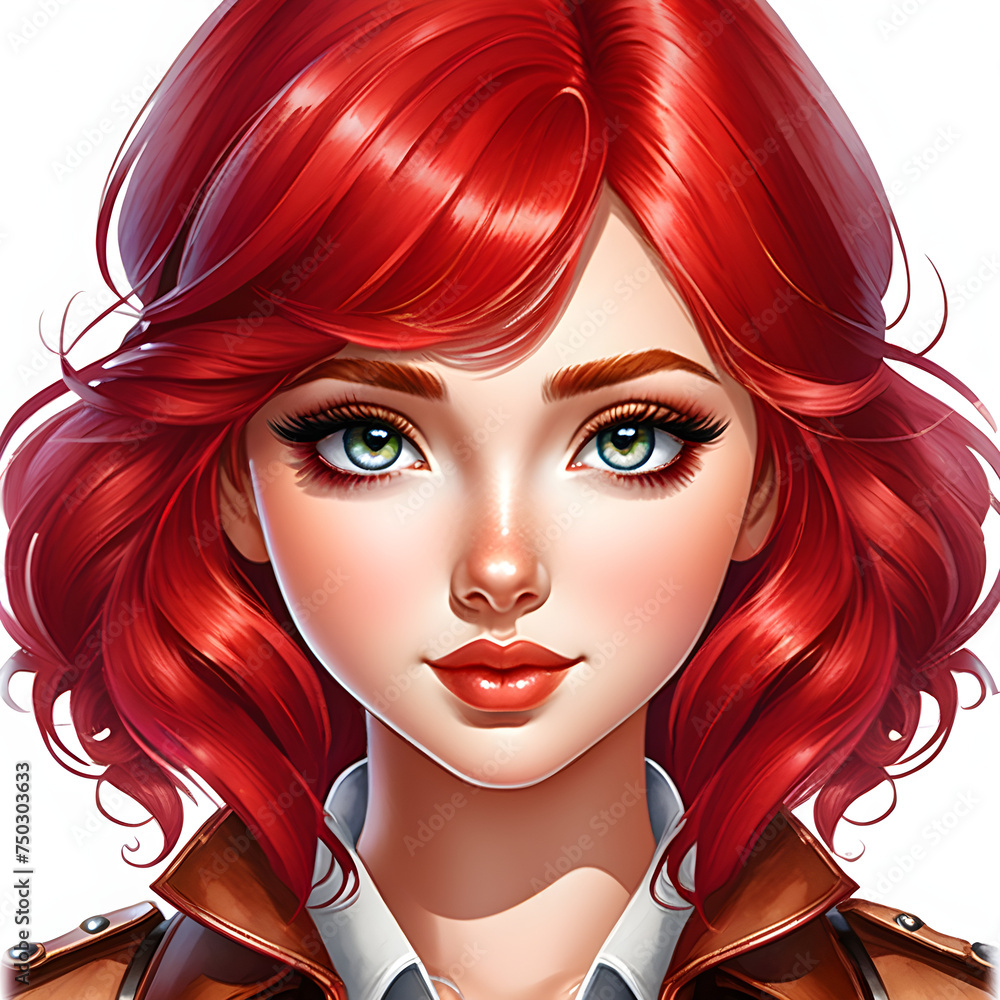 Obraz premium Watercolor portrait of a beautiful girl with Ruby Red hair color.(Generative AI)