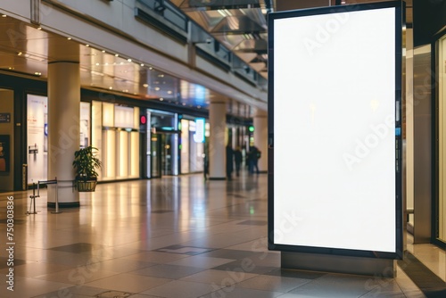 Blank billboard. Roll up mockup poster stand in an shopping center or mall environment as wide banner design with blank empty copy space area photo