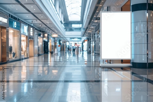 Blank billboard. Roll up mockup poster stand in an shopping center or mall environment as wide banner design with blank empty copy space area photo