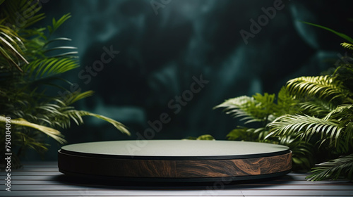 An empty base pedestal for a commercial product display  nature of leaves on a dark blue background.