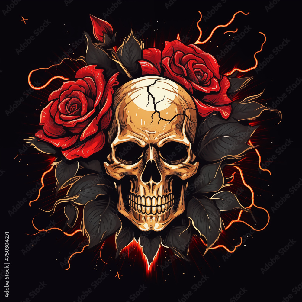 Skulls with roses flower isolation on the black background, Illustration. Skulls with roses flower isolation on the black background, Illustration.