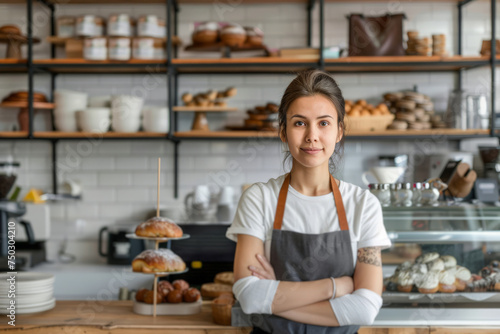 A woman is standing in front of a bakery counter, looking at the displayed pastries and bread. She appears to be making a selection or placing an order. © pham