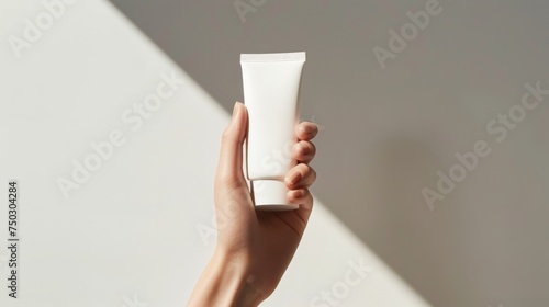 female hand holding a white cosmetic product, mockup tube of cream on a white isolated background photo