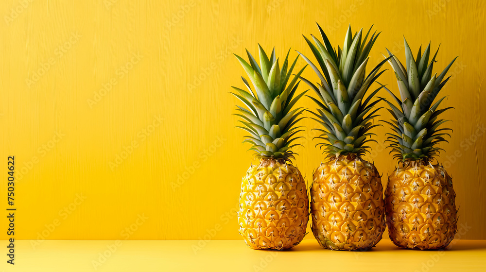 Fresh whole pineapples on yellow background with copy space - AI Generated Fresh whole pineapples on yellow background with copy space - AI Generated