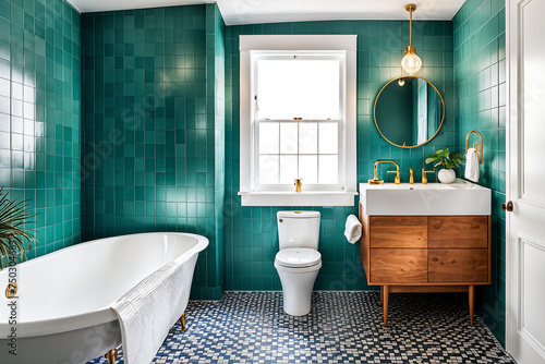 Retro-modern bathroom with vintage wallpaper  geometric tile flooring  and mid-century modern fixtures. 