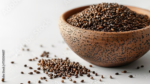 Delicious healthy dry wheat on a wooden bowl with a studio white backdrop and big space for text or product, Generative AI.