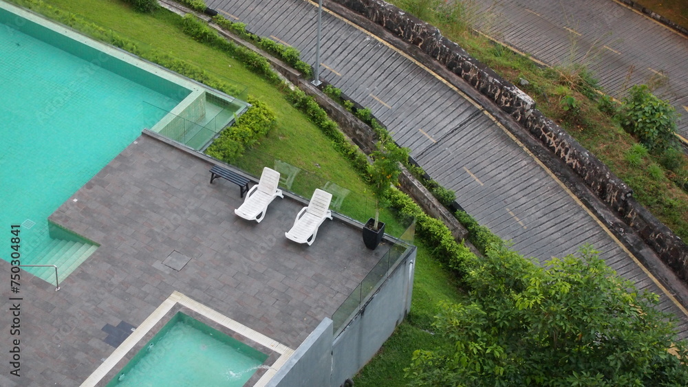 An aerial view of a luxury swimming pool