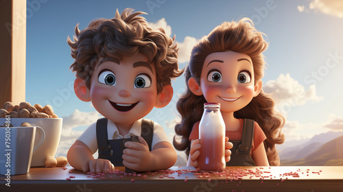 cartoon girl and boy drink milk