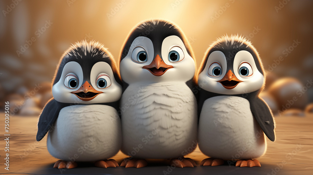 Fototapeta premium penguin family isolated in white background 3d cartoon-style 