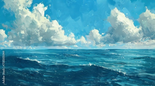 A painting featuring a vast blue ocean under a clear sky adorned with fluffy white clouds  reflecting a calm and serene scene.