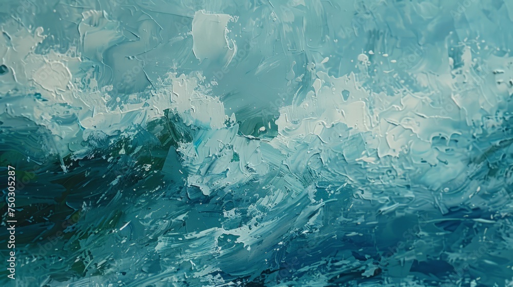 A realistic painting depicting a powerful wave in the vast ocean, capturing the dynamic movement and force of nature.