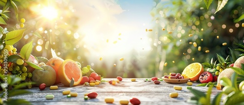 Fresh healthy summer fruits with a nature backdrop in a wooden surface a concept of multivitamin with a nature backdrop, Generative AI.