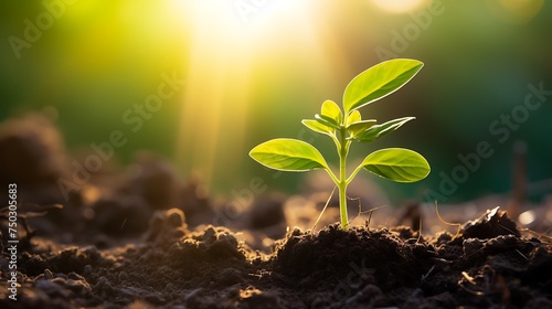 Plant seedlings with a sunlight background. Growing plant photo.