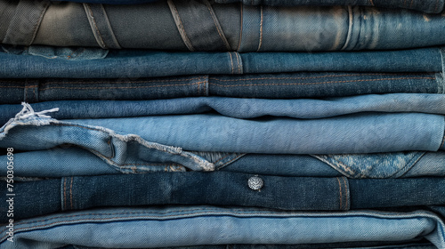 Stack of various blue denim jeans.